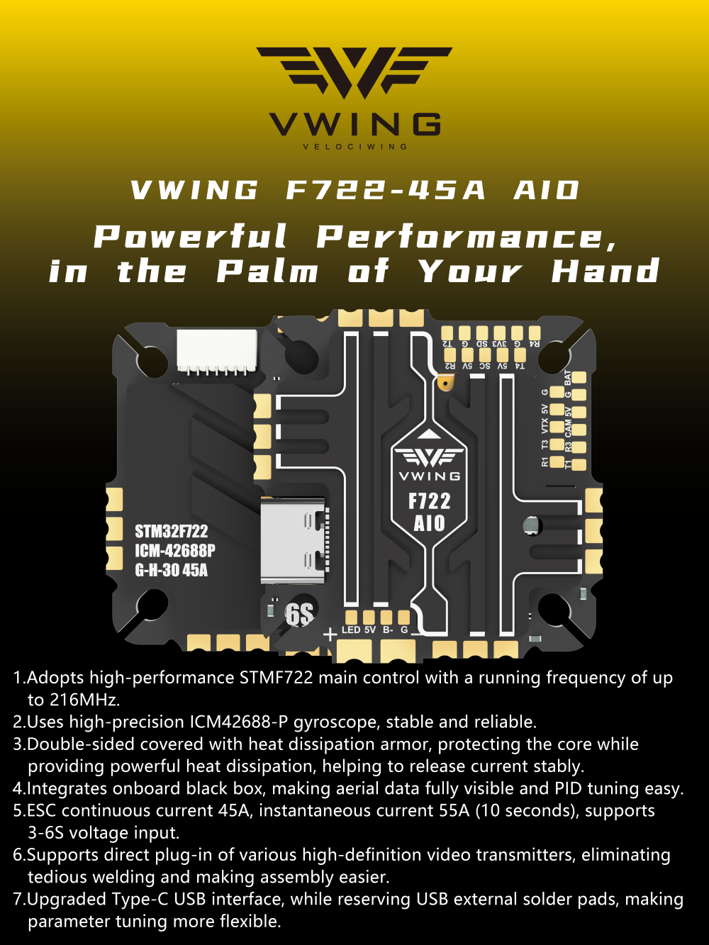 VWING F722 AIO 비행 컨트롤러 내장 45A  - Betaflight Fc 리뷰 및 가격